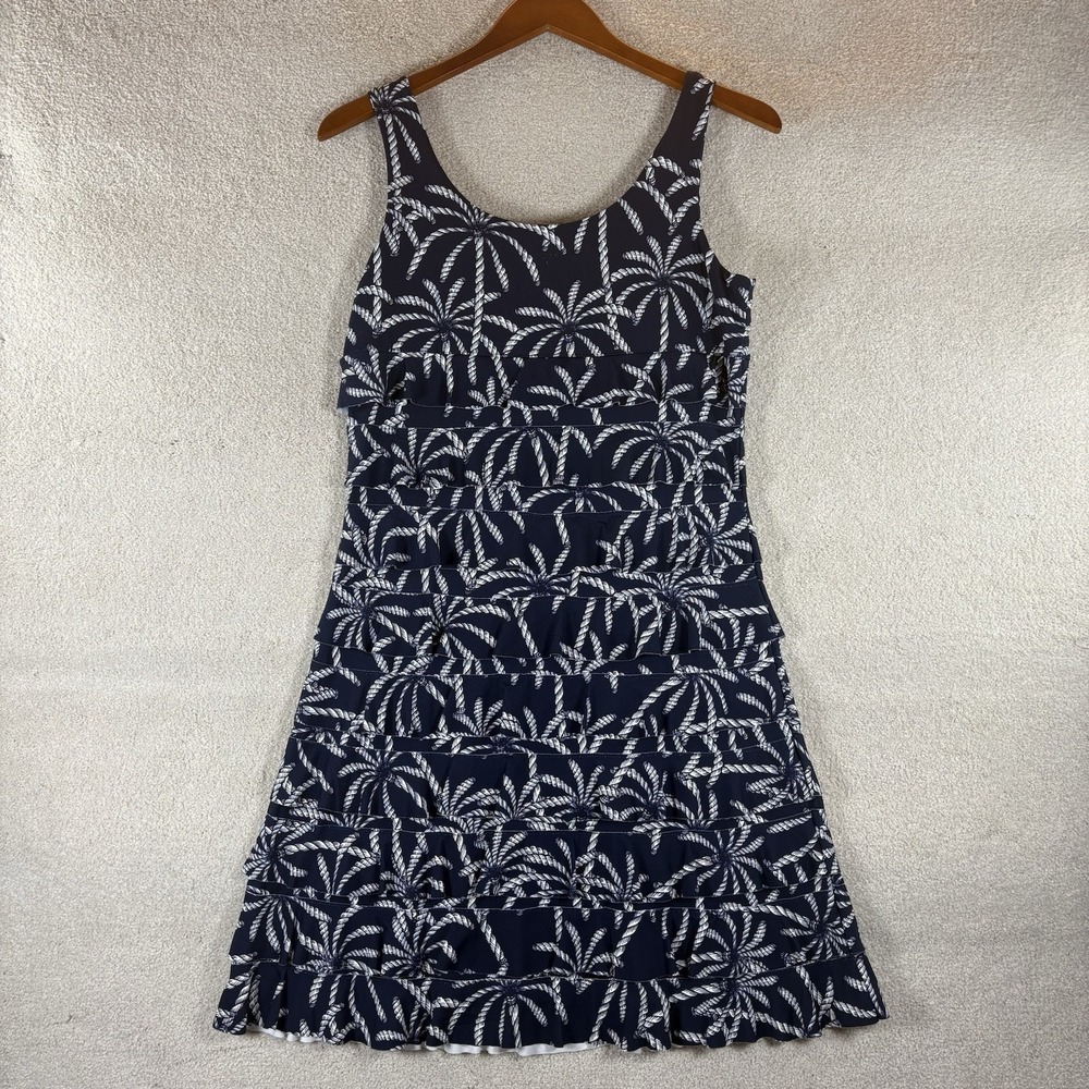 Lulu B Mini Shift Ruffle Hem Dress Sleeveless Stretch Navy Blue  Palm Print Sz S - Picture 7 of 7